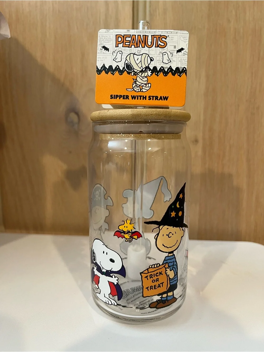 Peanuts Clear Halloween Glass Sipper with Pink and Yellow Accents